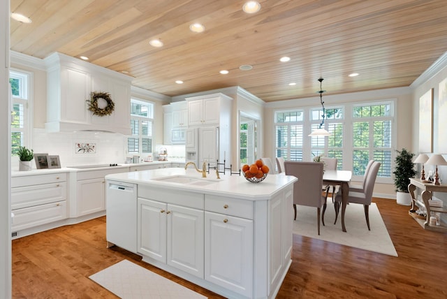 1505 Edgewater Ave, Arden Hills, MN 55112 - kitchen featuring dishwasher, wood ceiling, white cabinetry, light countertops, and crown molding