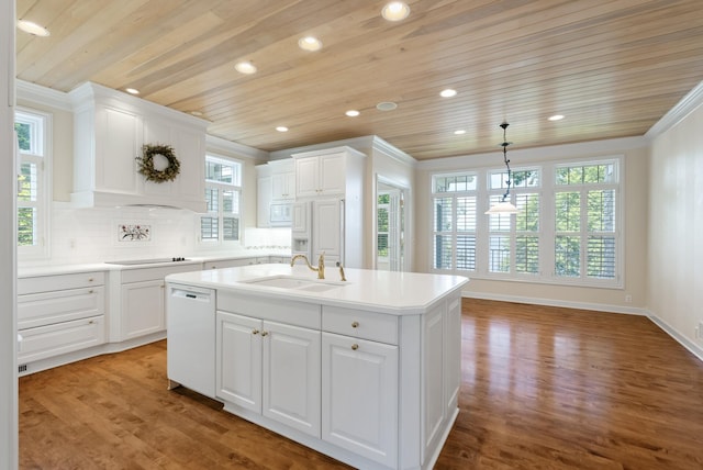 1505 Edgewater Ave, Arden Hills, MN 55112 - kitchen with white appliances, wooden ceiling, white cabinetry, light countertops, and wood finished floors