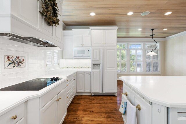 1505 Edgewater Ave, Arden Hills, MN 55112 - kitchen with built in appliances, custom exhaust hood, white cabinets, wood ceiling, and dark wood-style floors