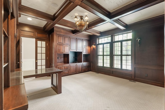 1505 Edgewater Ave, Arden Hills, MN 55112 - unfurnished office featuring a decorative wall, a chandelier, beam ceiling, carpet, and crown molding