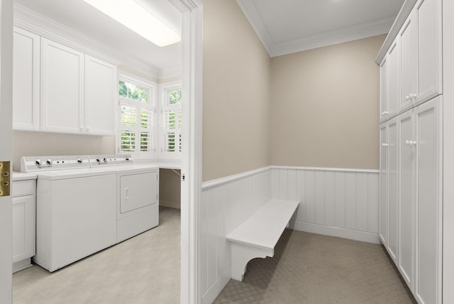 1505 Edgewater Ave, Arden Hills, MN 55112 - washroom featuring cabinet space, washing machine and dryer, crown molding, and wainscoting