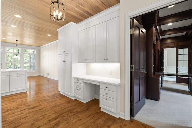 1505 Edgewater Ave, Arden Hills, MN 55112 - unfurnished office with built in study area, wooden ceiling, wood finished floors, ornamental molding, and recessed lighting