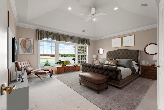 1505 Edgewater Ave, Arden Hills, MN 55112 - bedroom featuring carpet, a tray ceiling, crown molding, a water view, and recessed lighting
