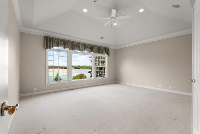 1505 Edgewater Ave, Arden Hills, MN 55112 - spare room with a raised ceiling, ornamental molding, carpet, recessed lighting, and a ceiling fan
