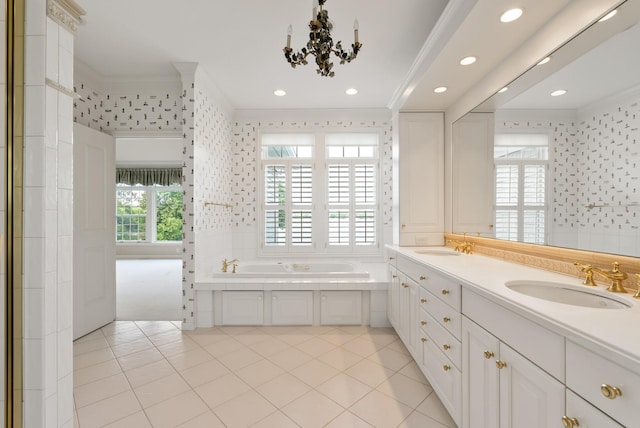 1505 Edgewater Ave, Arden Hills, MN 55112 - bathroom featuring ornamental molding, tile patterned floors, wallpapered walls, a garden tub, and double vanity