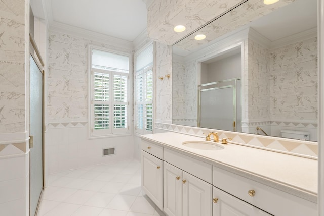 1505 Edgewater Ave, Arden Hills, MN 55112 - full bath featuring crown molding, vanity, wallpapered walls, a shower stall, and tile walls