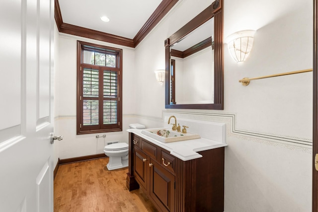 1505 Edgewater Ave, Arden Hills, MN 55112 - half bathroom featuring crown molding, vanity, and wood finished floors
