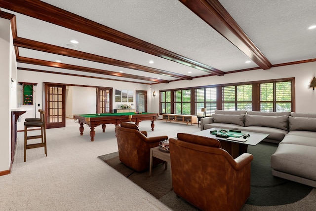 1505 Edgewater Ave, Arden Hills, MN 55112 - rec room with beam ceiling, billiards, light carpet, french doors, and healthy amount of natural light