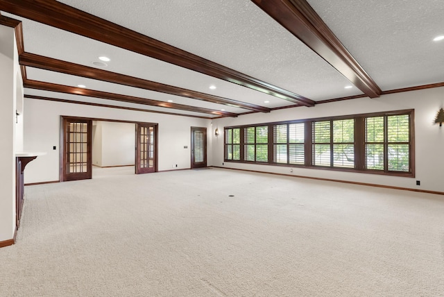 1505 Edgewater Ave, Arden Hills, MN 55112 - unfurnished room featuring beamed ceiling, french doors, a textured ceiling, light carpet, and plenty of natural light