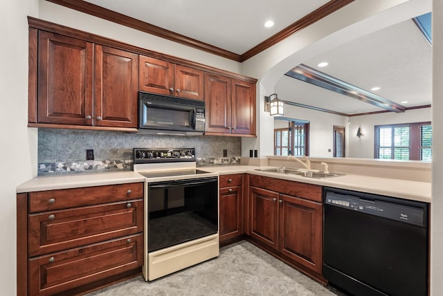 1505 Edgewater Ave, Arden Hills, MN 55112 - kitchen with black appliances, decorative backsplash, light countertops, crown molding, and recessed lighting