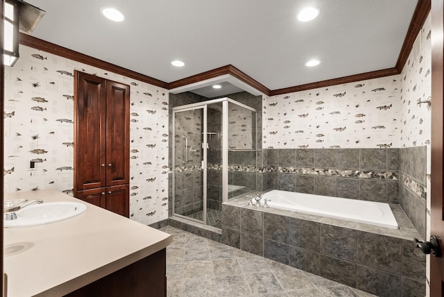 1505 Edgewater Ave, Arden Hills, MN 55112 - bathroom featuring ornamental molding, a shower stall, a bath, vanity, and recessed lighting