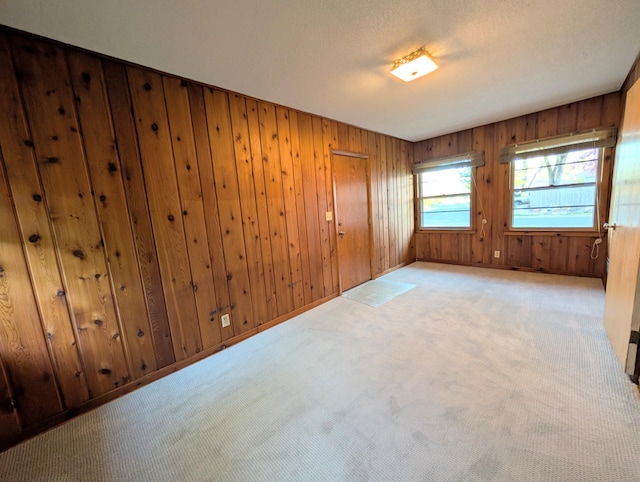 carpeted empty room featuring wood walls