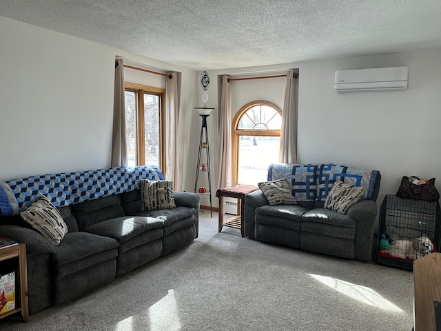 living area featuring a wall mounted air conditioner, a textured ceiling, and carpet flooring