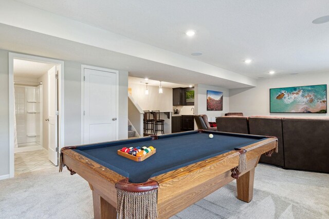 playroom with light carpet, recessed lighting, and pool table