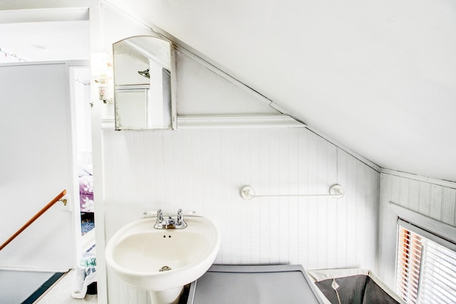 329 Main St NW, Menahga, MN 56464 - bathroom with a sink and wooden walls
