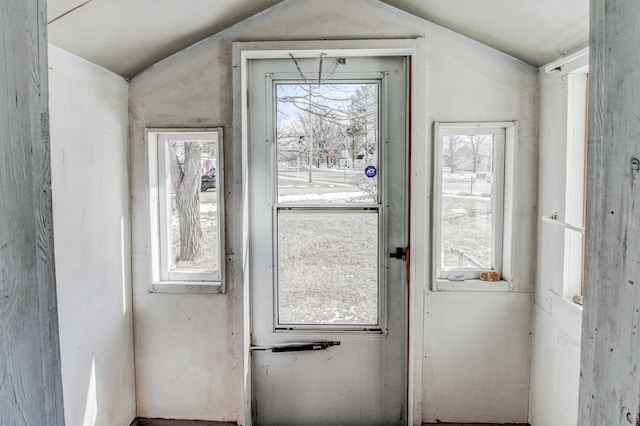 329 Main St NW, Menahga, MN 56464 - doorway to outside with lofted ceiling and plenty of natural light