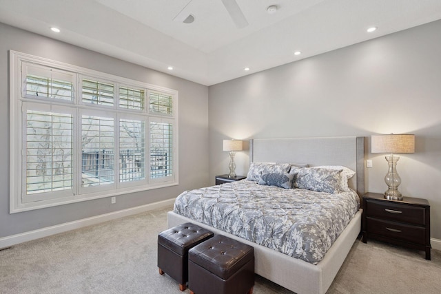 carpeted bedroom featuring baseboards, recessed lighting, and a ceiling fan