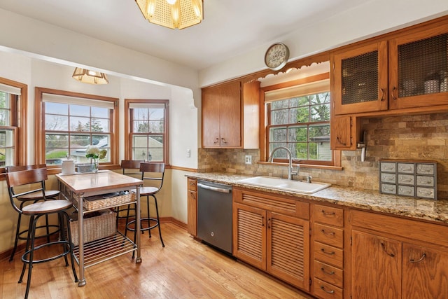 kitchen with a sink, stainless steel dishwasher, and a wealth of natural light
