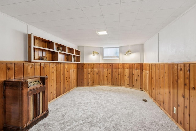 interior space featuring carpet, wooden walls, and a wainscoted wall