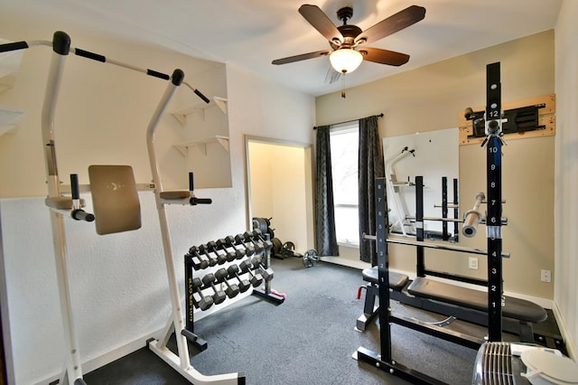 workout room with ceiling fan