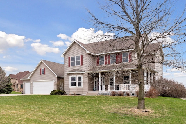 traditional-style house with a garage, driveway, a front lawn, and covered porch