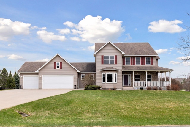 view of front of property with an attached garage, covered porch, a front yard, and concrete driveway