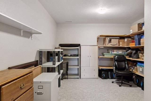 carpeted home office featuring a textured ceiling