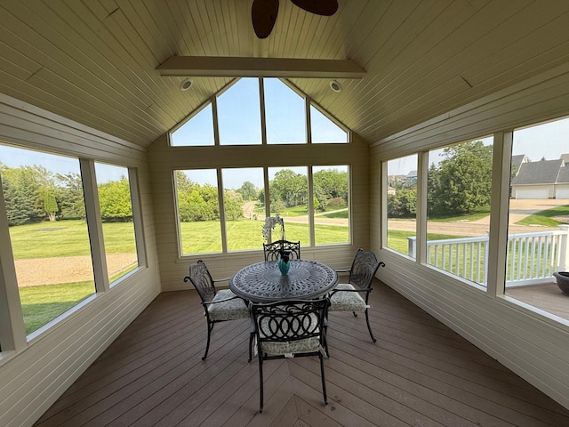 3134 Sherburn Pl SW, Rochester, MN 55902 - sunroom featuring lofted ceiling, hardwood / wood-style floors, ceiling fan, wood ceiling, and wood walls