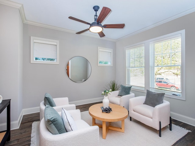 2728 Chowen Ave S, Minneapolis, MN 55416 - living area with dark wood-style flooring, baseboards, ornamental molding, and a ceiling fan