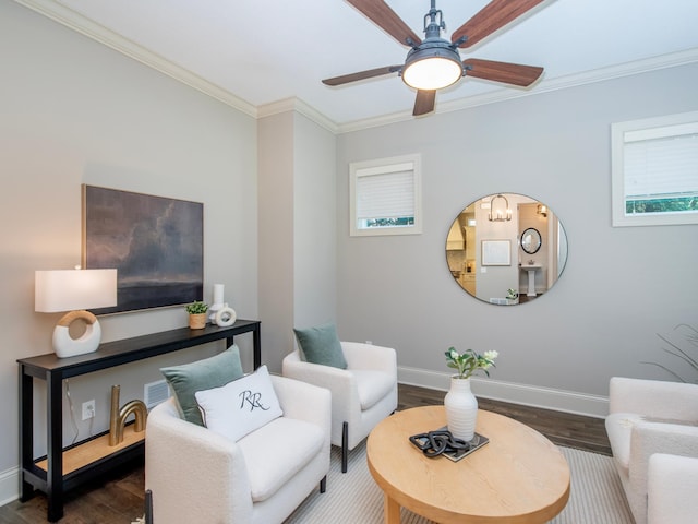 2728 Chowen Ave S, Minneapolis, MN 55416 - living area featuring crown molding, visible vents, dark wood-style flooring, baseboards, and a ceiling fan