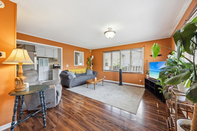 living room featuring baseboards and dark wood-style floors