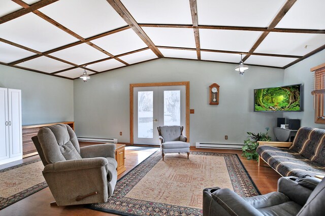 29058 132nd St, Waseca, MN 56093 - living room with a baseboard heating unit, wood finished floors, vaulted ceiling, and coffered ceiling