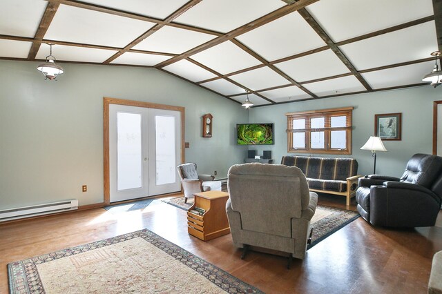 29058 132nd St, Waseca, MN 56093 - living room with a baseboard radiator, french doors, lofted ceiling, and coffered ceiling