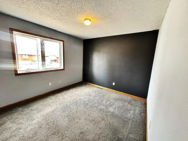 carpeted spare room with a textured ceiling and baseboards