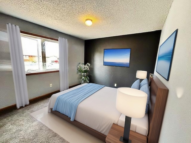 bedroom with carpet floors and a textured ceiling
