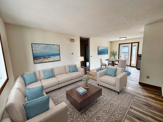 living area featuring baseboards, a textured ceiling, and wood finished floors