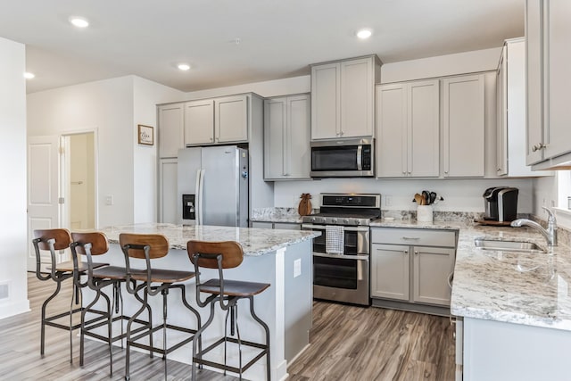 6432 Genevieve Trl S, Cottage Grove, MN 55016 - kitchen with gray cabinets, a kitchen bar, appliances with stainless steel finishes, a sink, and light wood finished floors