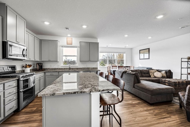 6432 Genevieve Trl S, Cottage Grove, MN 55016 - kitchen featuring open floor plan, a kitchen breakfast bar, a center island, gray cabinets, and stainless steel appliances