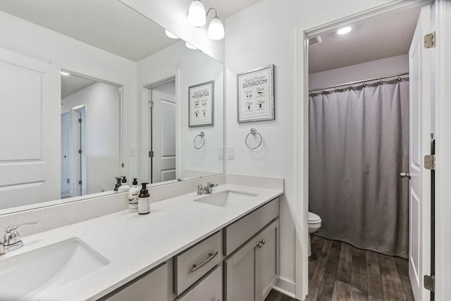 6432 Genevieve Trl S, Cottage Grove, MN 55016 - bathroom featuring double vanity, toilet, a sink, and wood finished floors