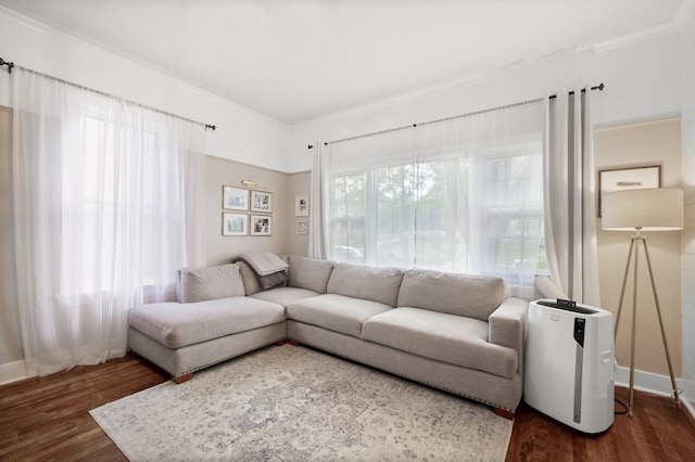 living area with dark wood finished floors, crown molding, and baseboards