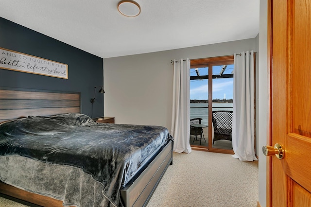 616 Lake Cowdry Rd NW, Alexandria, MN 56308 - bedroom with access to exterior, light carpet, and a water view