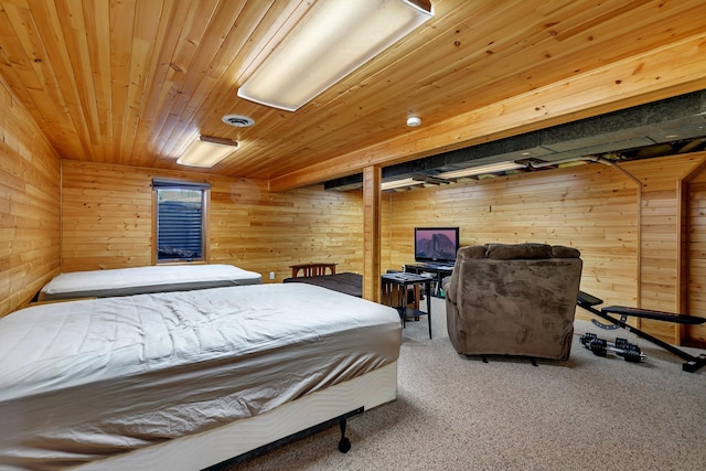 616 Lake Cowdry Rd NW, Alexandria, MN 56308 - bedroom featuring wooden walls, carpet floors, and wooden ceiling