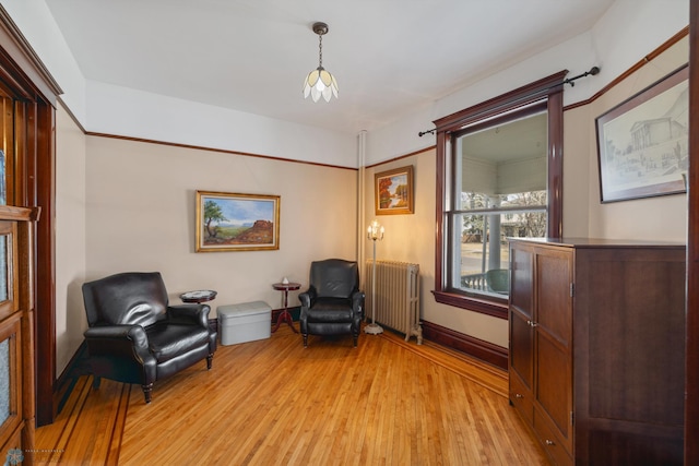 living area featuring light wood finished floors, radiator, and baseboards