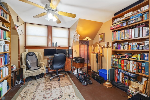 office with ceiling fan and vaulted ceiling