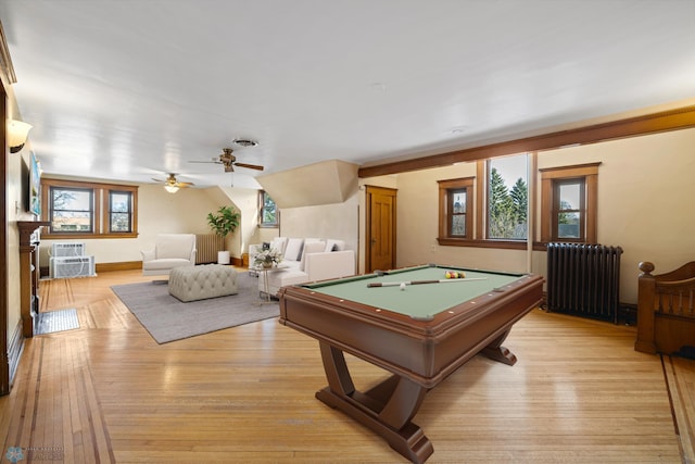 recreation room with visible vents, radiator heating unit, a ceiling fan, light wood-style floors, and billiards