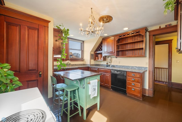 kitchen featuring a sink, open shelves, dark wood finished floors, black dishwasher, and an inviting chandelier