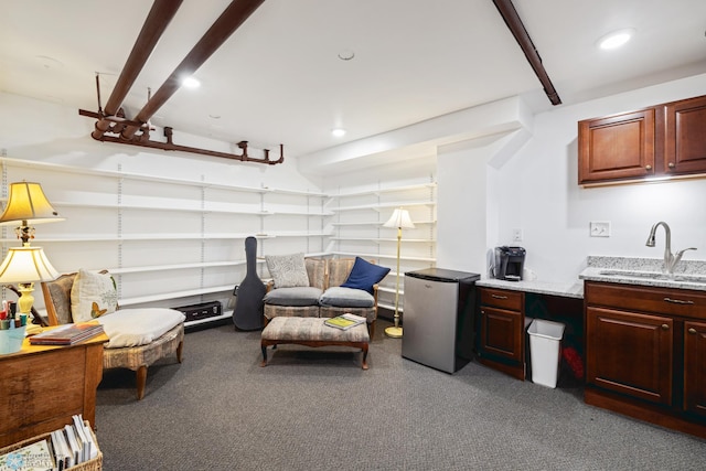 living room with recessed lighting and carpet