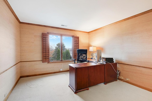 8651 Basswood Rd Unit 203, Eden Prairie, MN 55344 - home office with visible vents, baseboards, light colored carpet, and ornamental molding