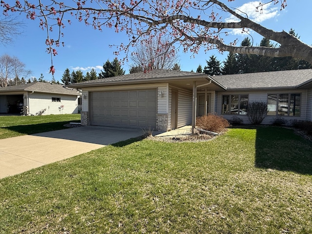 ranch-style house with driveway, brick siding, a front yard, and a garage