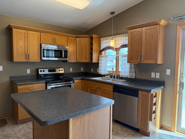 kitchen with lofted ceiling, stainless steel appliances, open shelves, dark countertops, and a sink